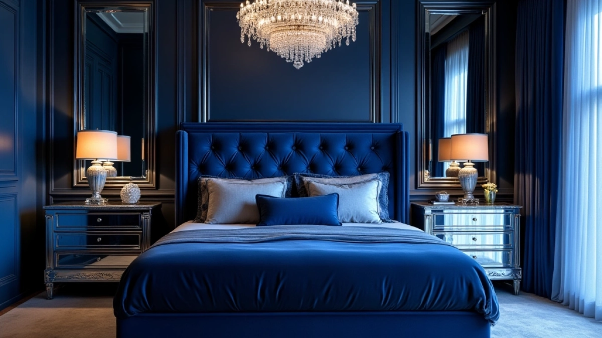 aranżacja granatowej sypialni