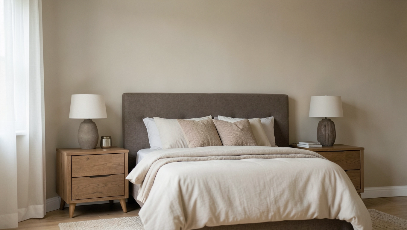 Beżowe ściany do brązowych mebli sypialnianych