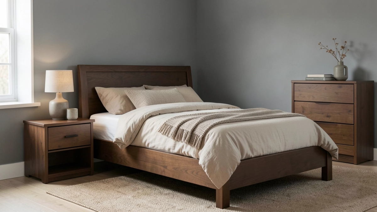 brązowe meble w sypialni