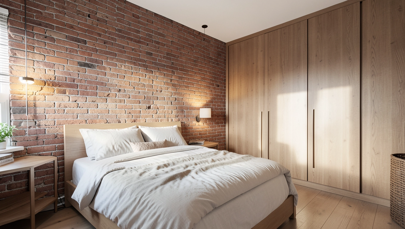 Cegła na ścianach sypialni poza łóżkiem