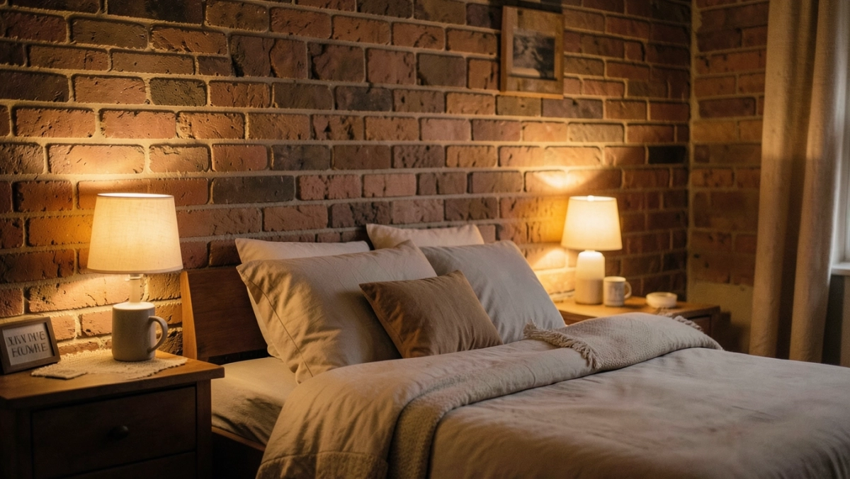 ceglana ściana w sypialni