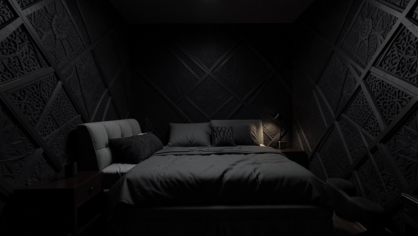 Czarna tapeta 3D głębia w sypialni