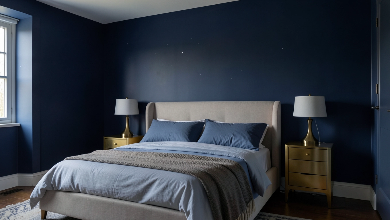 Granatowe ściany sypialni