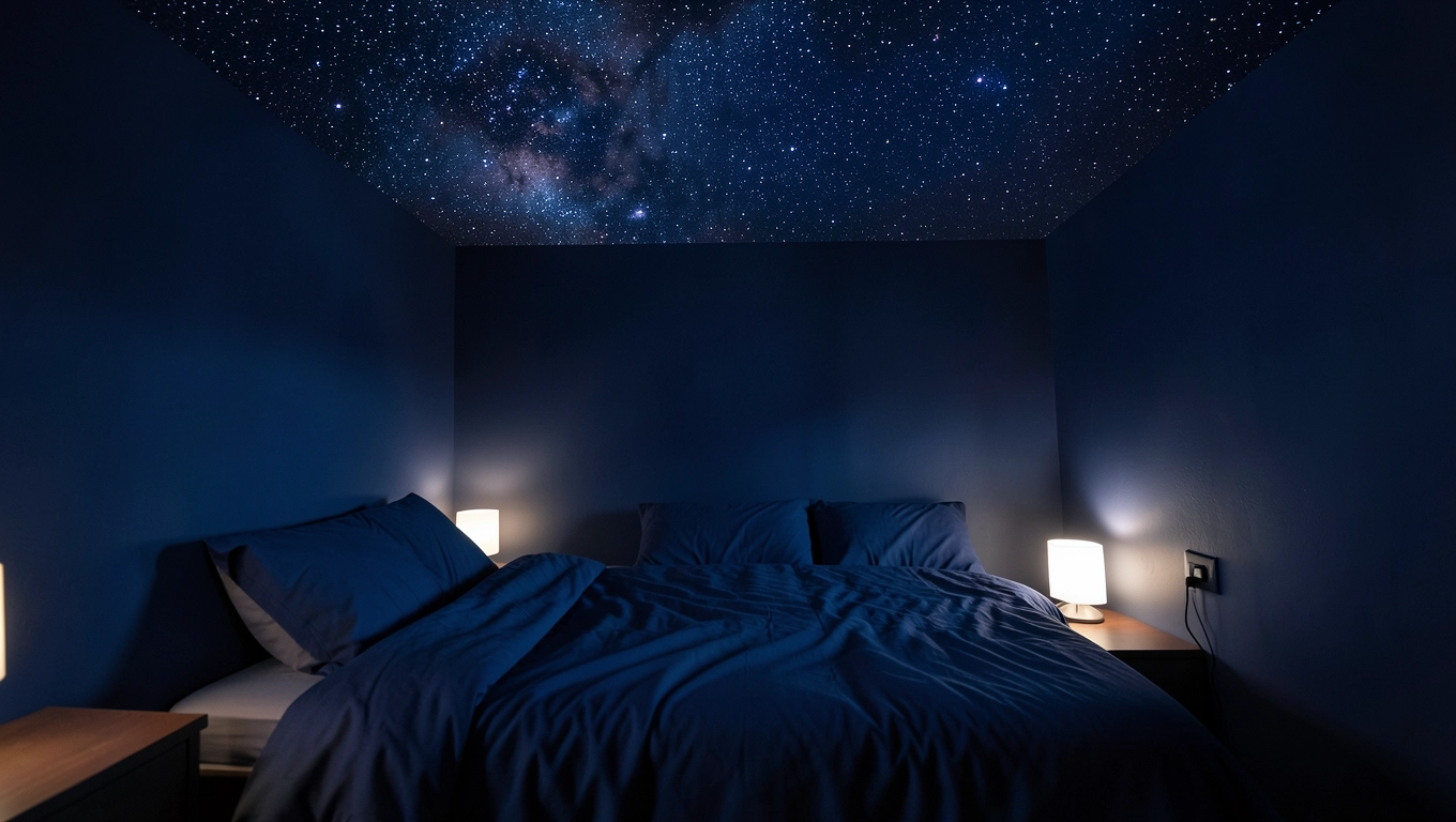 Granatowy sufit jako niebo w sypialni