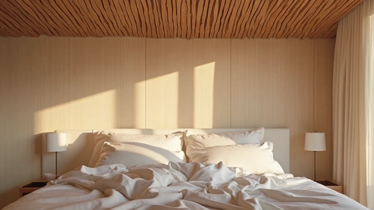 Lamele na suficie w sypialni