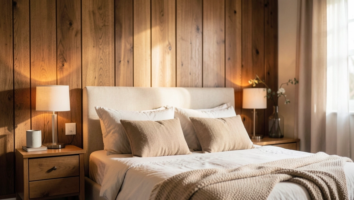 Panele drewniane na ścianie w sypialni