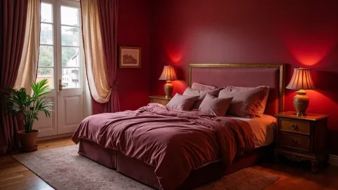 bordowa sypialnia