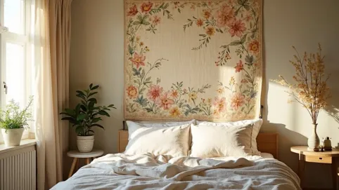 gobelin na sciane w sypialni