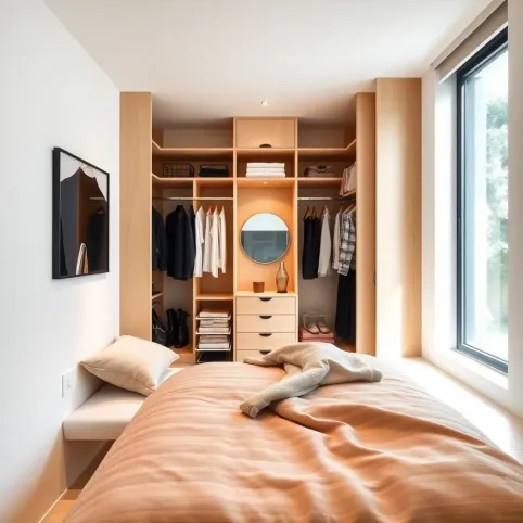 Mała sypialnia z garderobą inspiracje