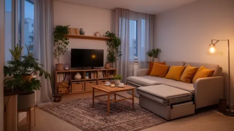 salon i sypialnia w jednym pokoju w bloku