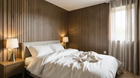 tapeta i lamele w sypialni